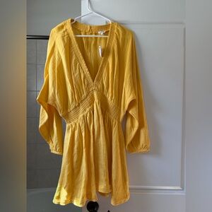 Vici Yellow Long Sleeve V-Neck Smocked Waist Dress